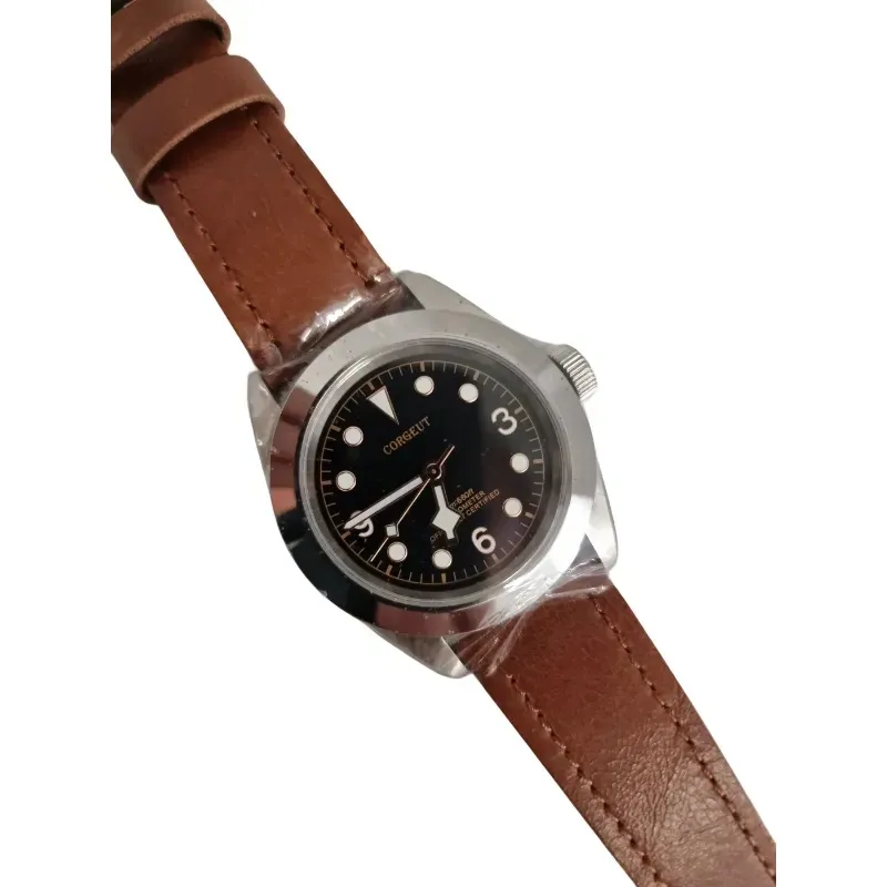 Men's watch with brown leather strap and steel case