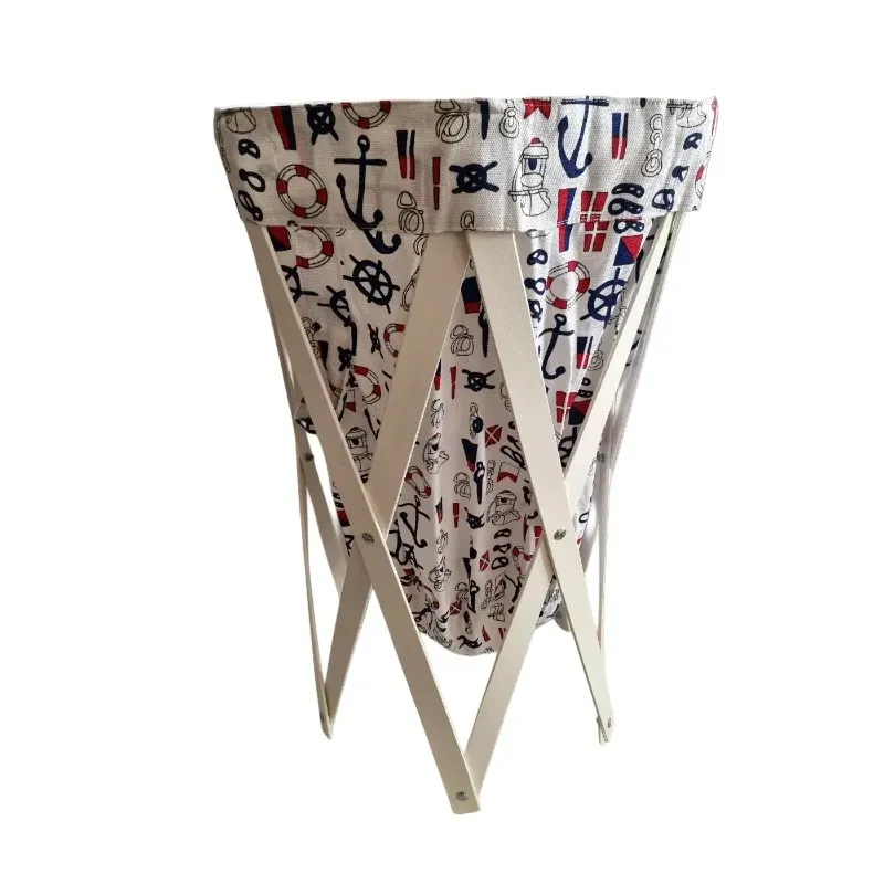 Foldable Laundry Basket with Fabric Bag in Nautical Pattern