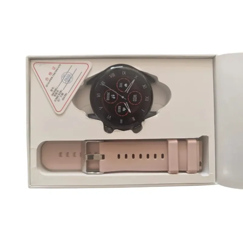 smartwatch z różowym paskiem i wyświetlaczem w opakowaniu