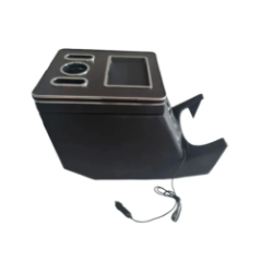 car armrest view with open compartment and USB ports