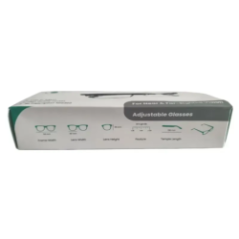 side of packaging for adjustable prescription glasses with graphics