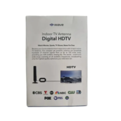 side of Antenna TV Digital HDTV packaging with range and channel information