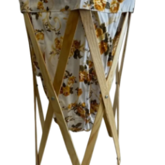 foldable laundry basket with wooden frame and floral fabric bag top view
