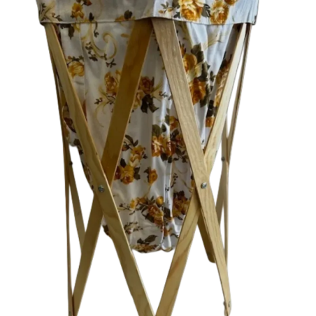 foldable laundry basket with wooden frame and floral fabric bag top view