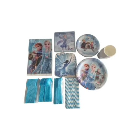overview of Frozen themed paper plates and cutlery set