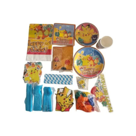 overhead view of Pokemon birthday decoration set