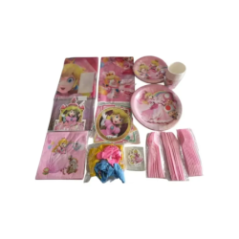 paper plates and cups with a princess theme along with napkins and balloons top view