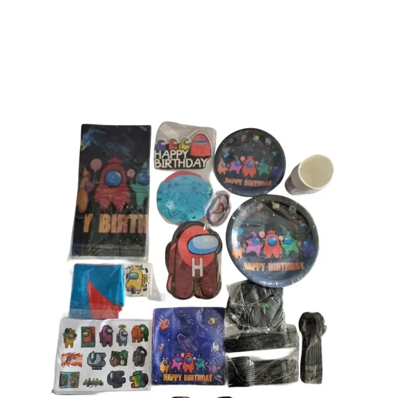Zestaw dekoracji i naczyń urodzinowych z motywem Among Us