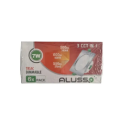 Alusso LED Downlight 7W 3 CCT dimmbar 6er-Pack Seitenansicht der Verpackung mit Leistungs- und Lichtfarbinformationen