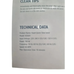 Hazel Quinn juicer packaging with feature description