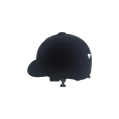 equestrian helmet front view with metal element and tag