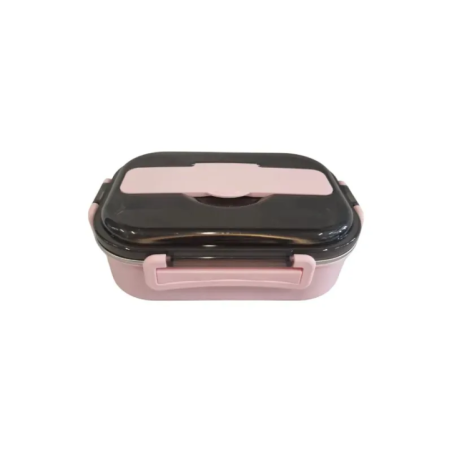 pink lunch box top view with open lid and compartments
