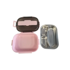 pink lunch box top view with open lid and cutlery