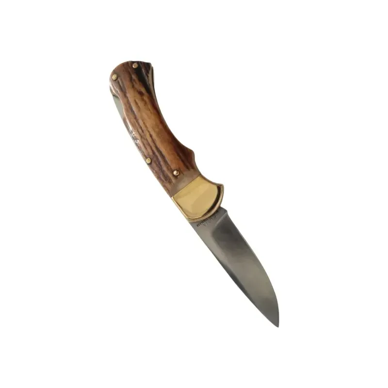 Folding Hunting Knife with Horn Handle and Brass Head