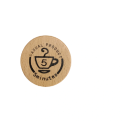 Top view of the wooden hourglass with print 'CASUAL PRODUCT 5 minutes'