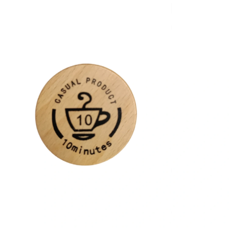 Top view of the hourglass top with print of 10 minutes and cup symbol