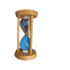 Wooden hourglass with blue sand seen from another side