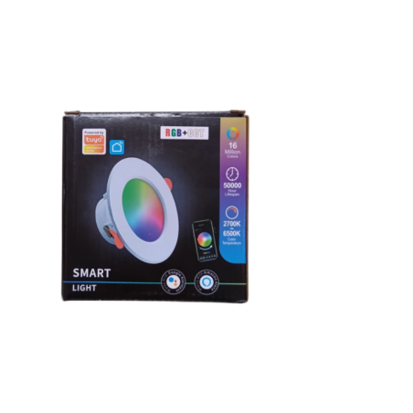 Opakowanie inteligentnej lampy sufitowej LED RGB+CCT z oznaczeniami Tuya i kolorowym światłem