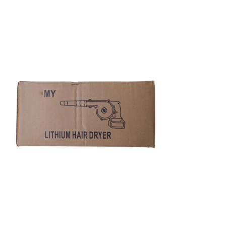 Cardboard packaging with the text Lithium Hair Dryer and an illustration of the blower