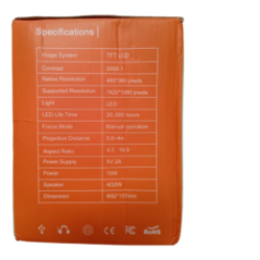 Technical specifications of the projector on the packaging with parameters