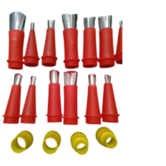 Close-up of metal tips and red plastic couplers