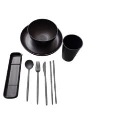 Black Plastic Dish and Cutlery Set
