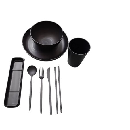 Black Plastic Dish and Cutlery Set