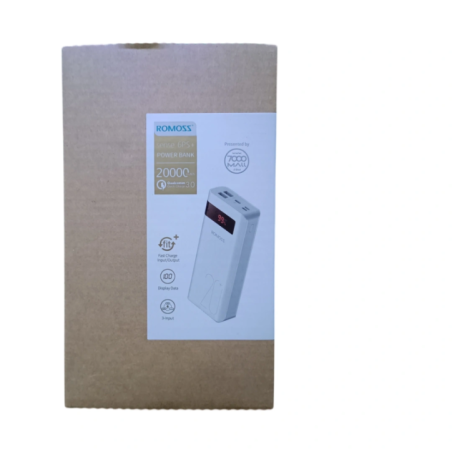 Packaging of the Romoss Sense 6PS+ powerbank with information about capacity 20000mAh and Quick Charge 3.0 technology