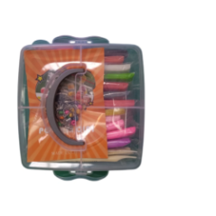 Transparent box with a handle containing colorful modeling clays and instructions