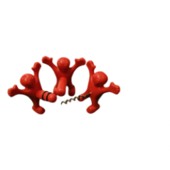 Set of three red bottle openers in the shape of human figures on a green background