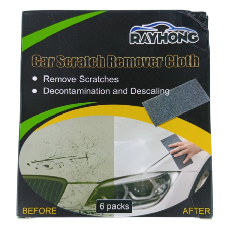 Packaging of Rayhong car scratch removal cloths with ruler for scale