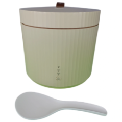 rice cooker with open lid showing the inner pot and accessories