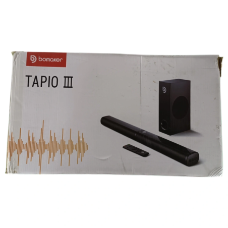 Verpackung der Bomaker Tapio III Soundbar mit Produktgrafiken