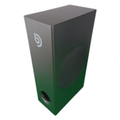 Zestaw: listwa dźwiękowa, subwoofer i pilot na zielonym tle