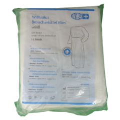 Verpackung der Vliesstoff-Schutzkittel von WiBUplus mit Etikett und Kittelillustration