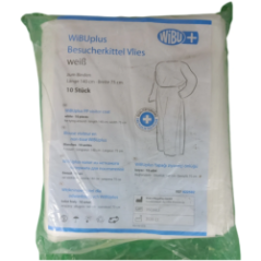 Ansicht der Verpackung der Schutzkittel mit Informationen zu Menge und Abmessungen