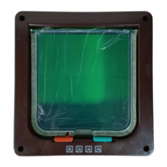 Box with cat door on green background with measuring tape