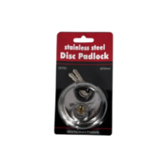 Stainless steel disc lock in packaging with two keys