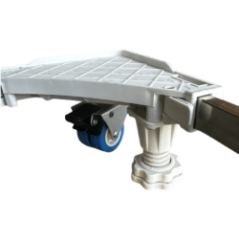 close-up of a locking wheel and adjustable foot of the stand