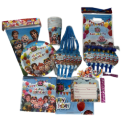 set of tableware and decorations with Cocomelon theme laid out on a table